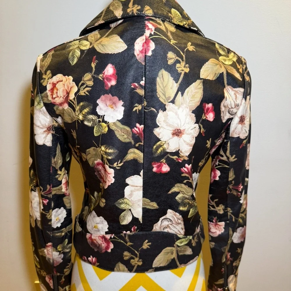 Alice + Olivia Olive Green, Pink and Beige Floral Leather Jacket - Picture 2 of 5